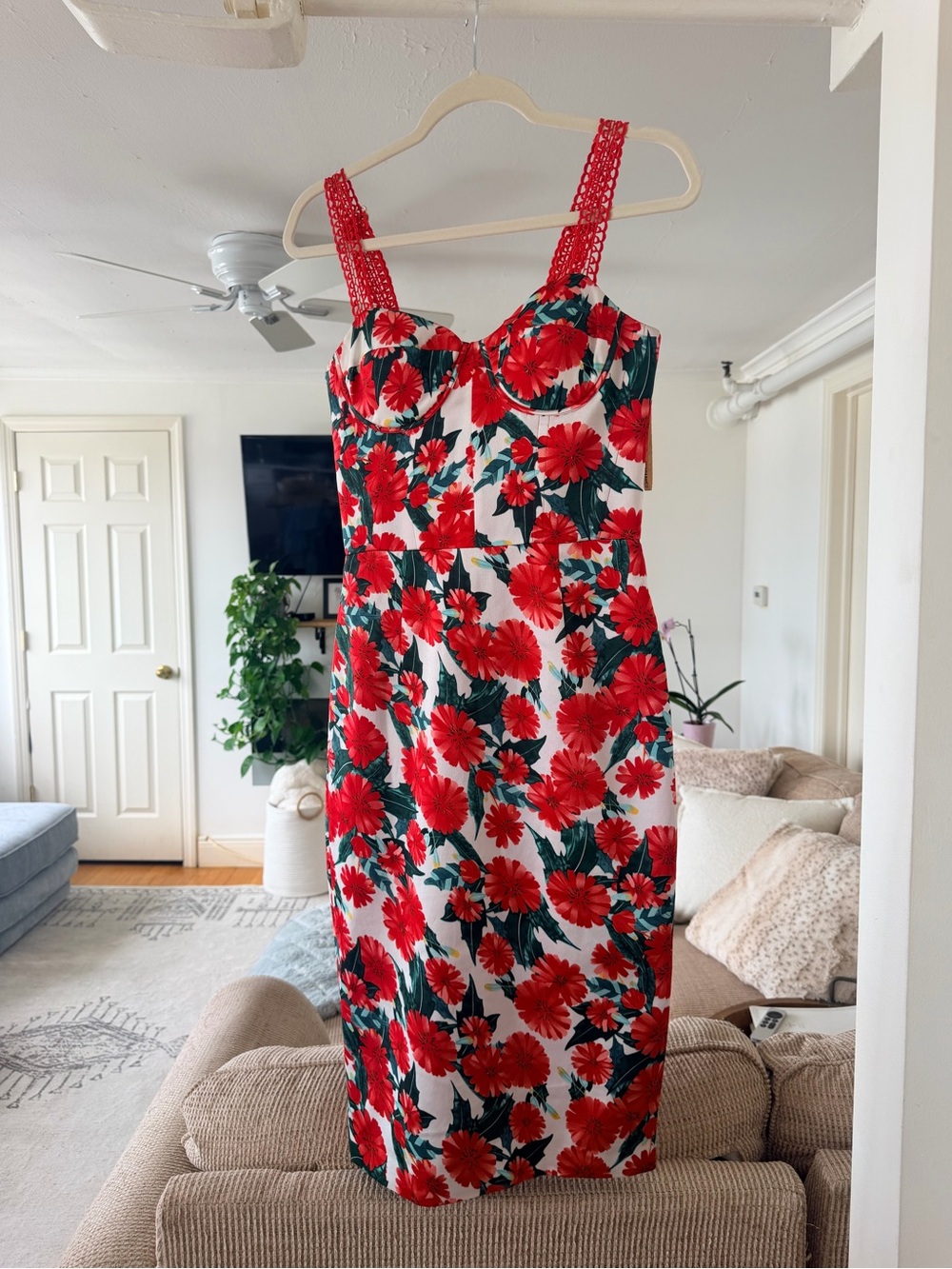Bronx and Banco Red Floral Midi Dress